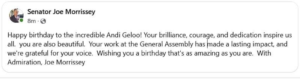 Facebook birthday post from Virginia Senator Joe Morrissey praising attorney Andi Geloo for brilliance, courage, dedication and lasting impact at the General Assembly