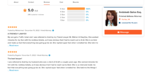 Customer reviews for Andaleeb Geloo, Esq. showcasing her exceptional legal services and client satisfaction in Fairfax, VA. Rating: 5.0/5.0.