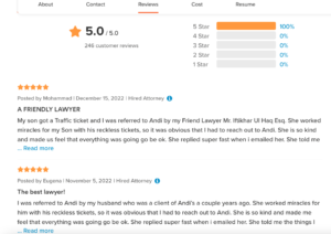 Screenshot showcasing customer reviews and ratings for a law firm, highlighting positive experiences and high satisfaction with legal services.