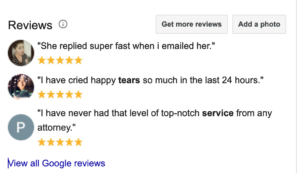 Positive customer reviews highlighting quick responses and exceptional service from the attorney, showcasing happy client experiences and satisfaction.