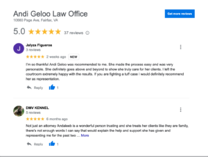 Client reviews for Andi Geloo Law Office, highlighting exceptional service and dedication from attorney Andi Geloo in Fairfax, VA.