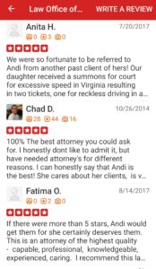 Customer reviews for the Law Office of Andi, highlighting exceptional service and dedication from attorney Andi, showcased on Yelp.