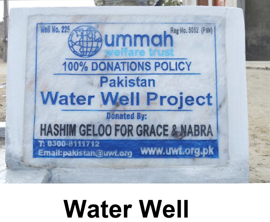 A stone plaque for the Pakistan Water Well Project, highlighting donation details and the Ummah Welfare Trust's commitment to clean water access.