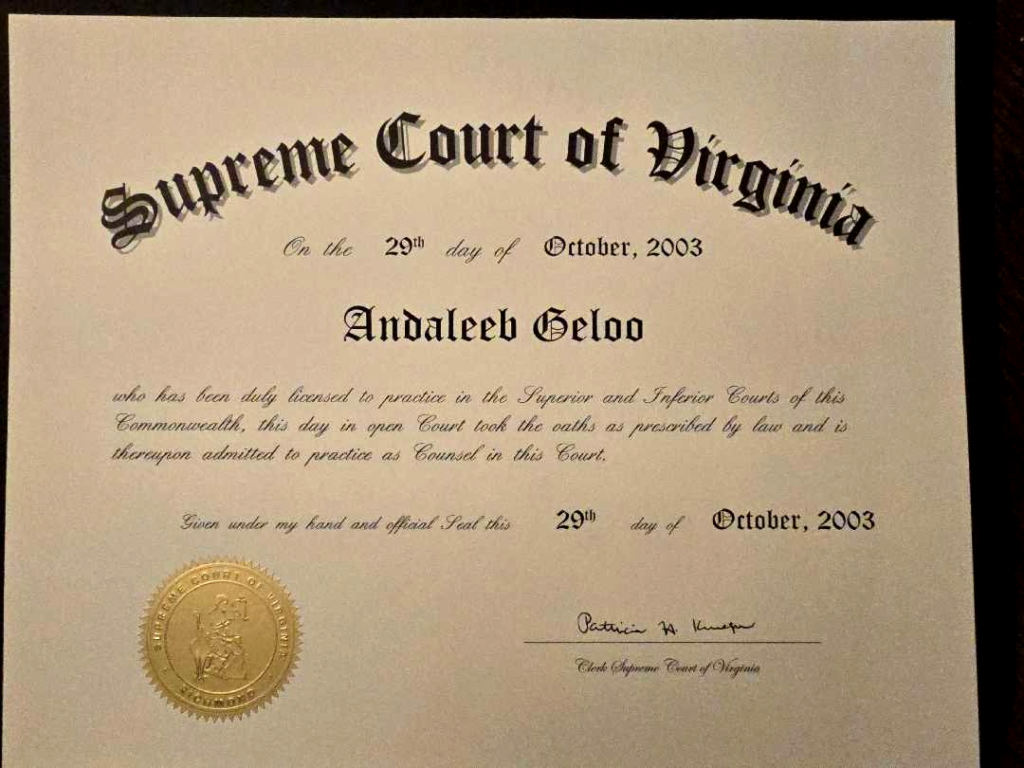 Andaleeb Geloo Supreme Court of Virginia license - admitted October 29 2003 - Fairfax Virginia attorney