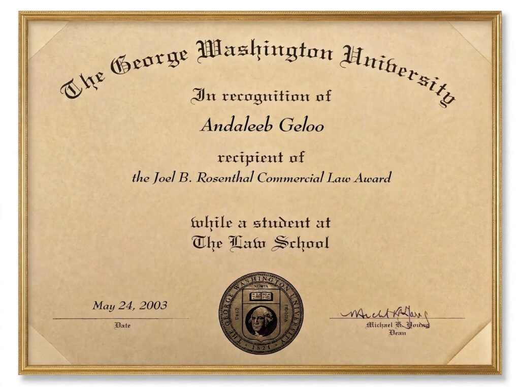Joel B Rosenthal Commercial Law Award for Outstanding Achievement - Andaleeb Geloo GW Law 2003 - Fairfax defense attorney