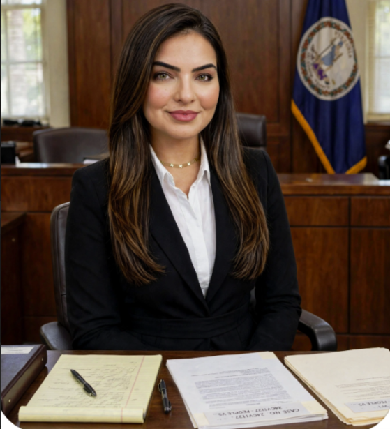 Andi Geloo, attorney, seated at counsel table with the Virginia state flag behind her