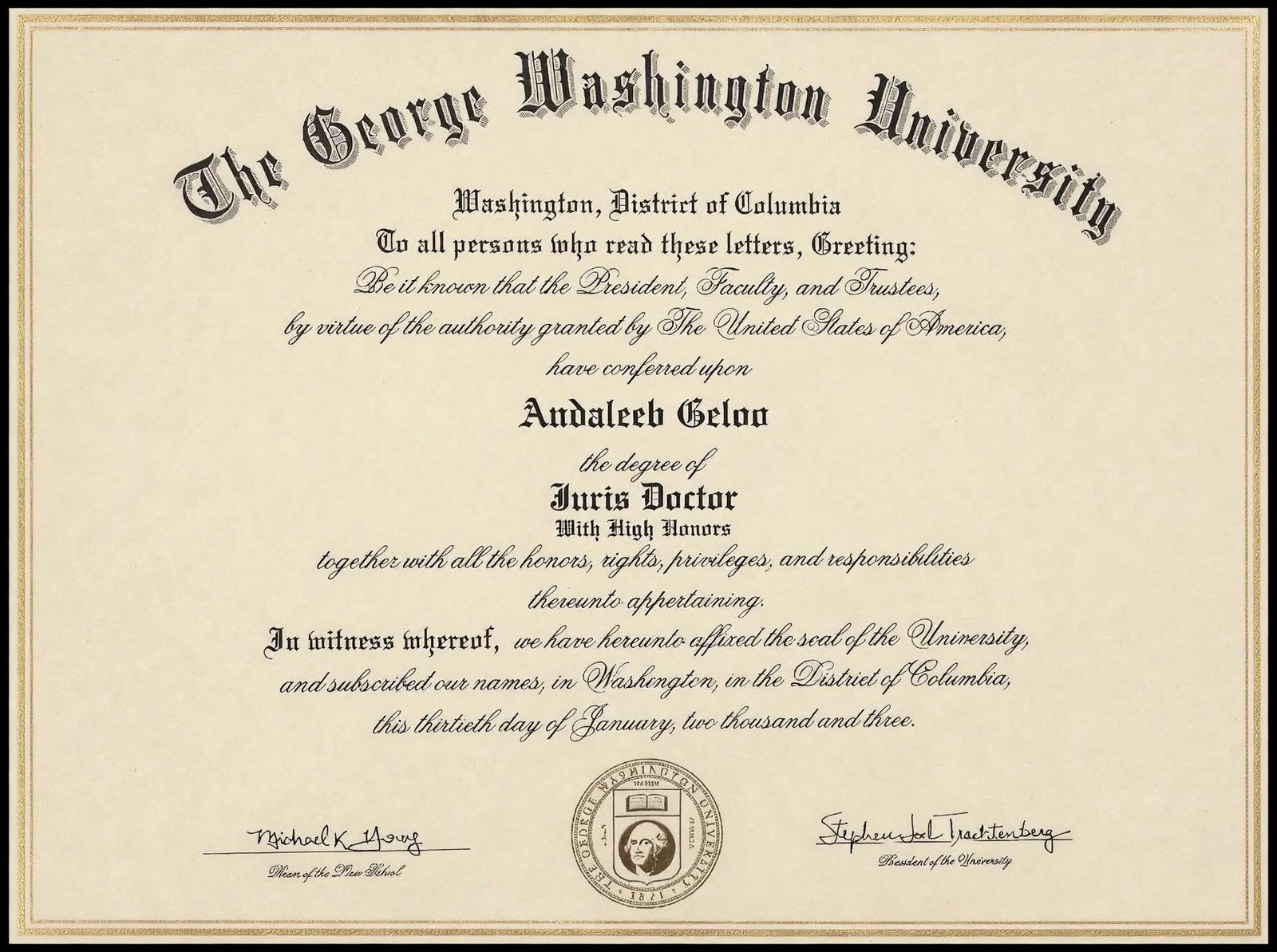 Andi Geloo’s Juris Doctor, awarded with High Honors by George Washington University in 2003