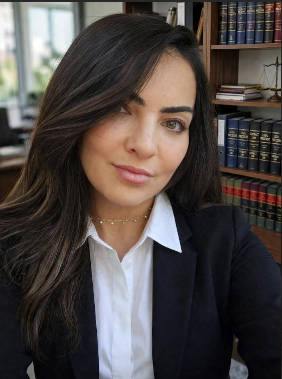 Andi Geloo, Fairfax Virginia attorney, in her office beside her law library