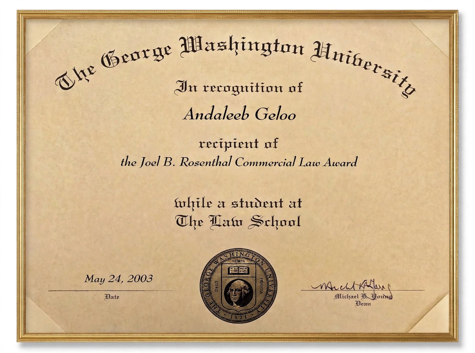 The Joel B. Rosenthal Commercial Law Award presented to Andi Geloo at GW Law