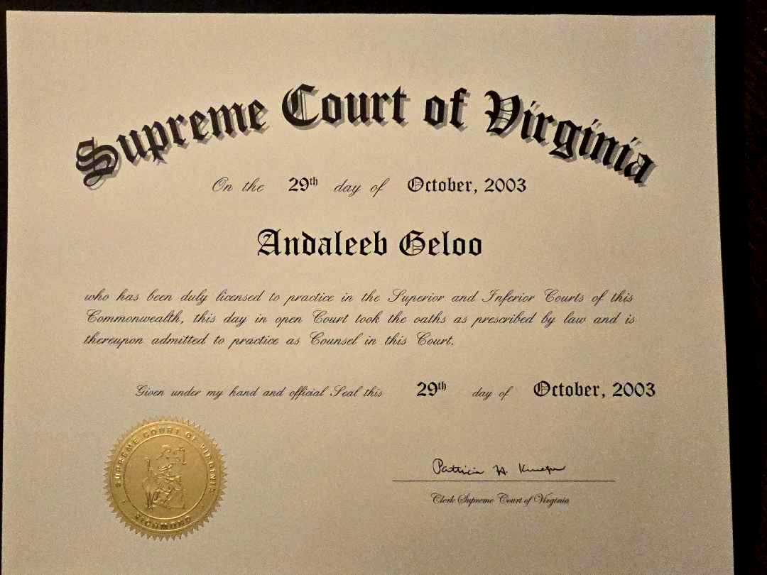 Andi Geloo’s license to practice before the Supreme Court of Virginia, dated 29 October 2003