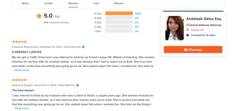 Andi Geloo’s Avvo profile showing a 5.0 out of 5.0 rating from 246 client reviews