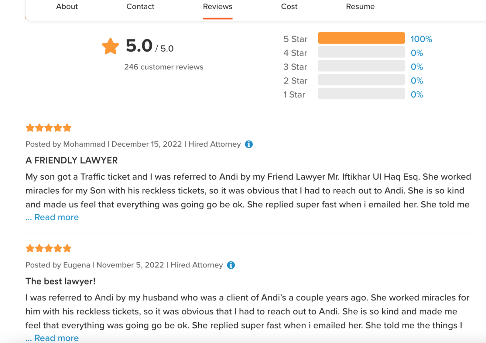 Andi Geloo’s Avvo profile: 5.0 out of 5.0 from 246 client reviews, all five star