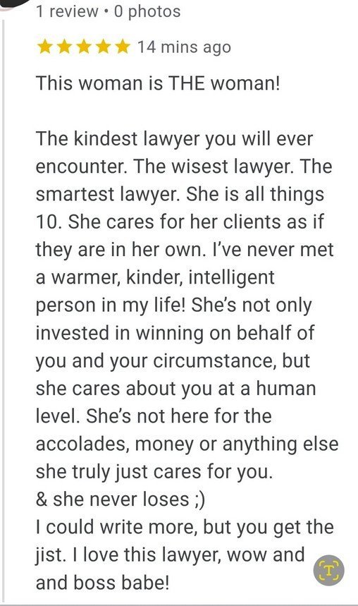 A five star client review describing Andi Geloo as the kindest lawyer you will ever encounter