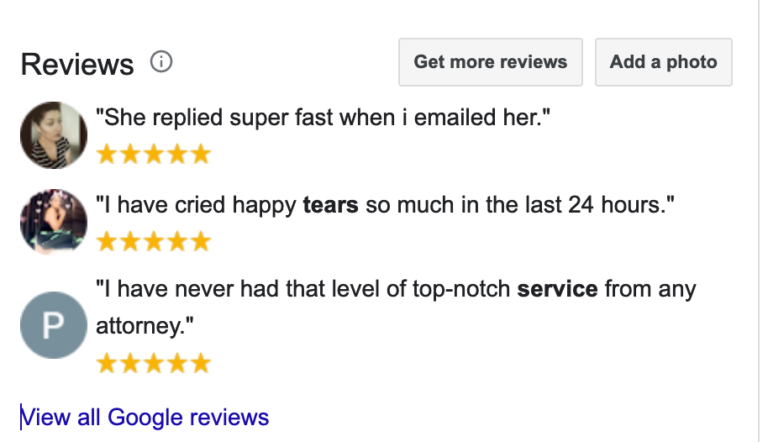 Highlighted quotes from Google reviews of Andi Geloo Law Office