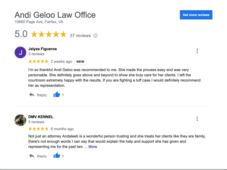 Google reviews for Andi Geloo Law Office, rated 5.0 across 37 reviews