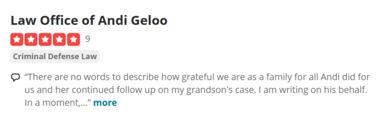Yelp rating summary for the Law Office of Andi Geloo