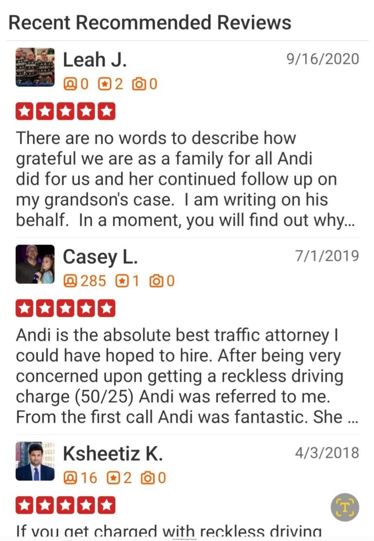 Recommended Yelp reviews for Andi Geloo, including a reckless driving case